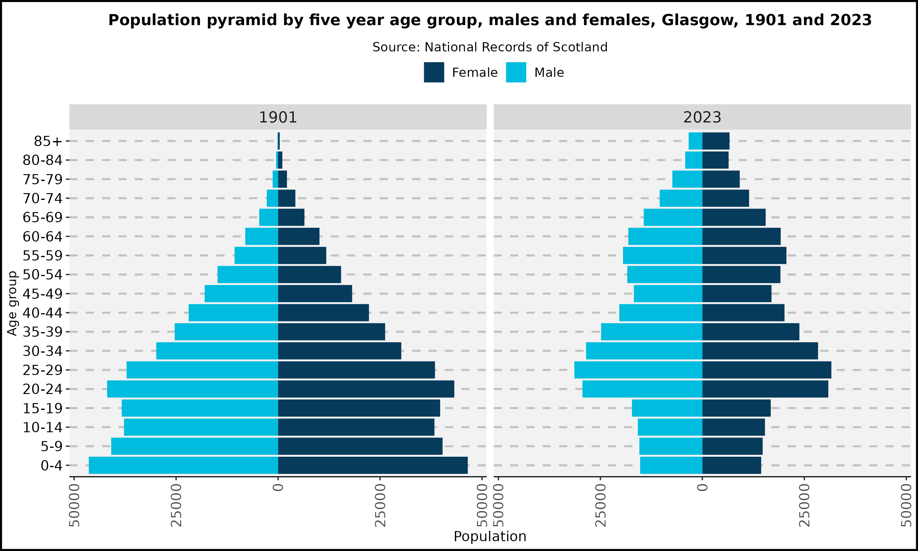 Population pyramid by five year age group, males and females